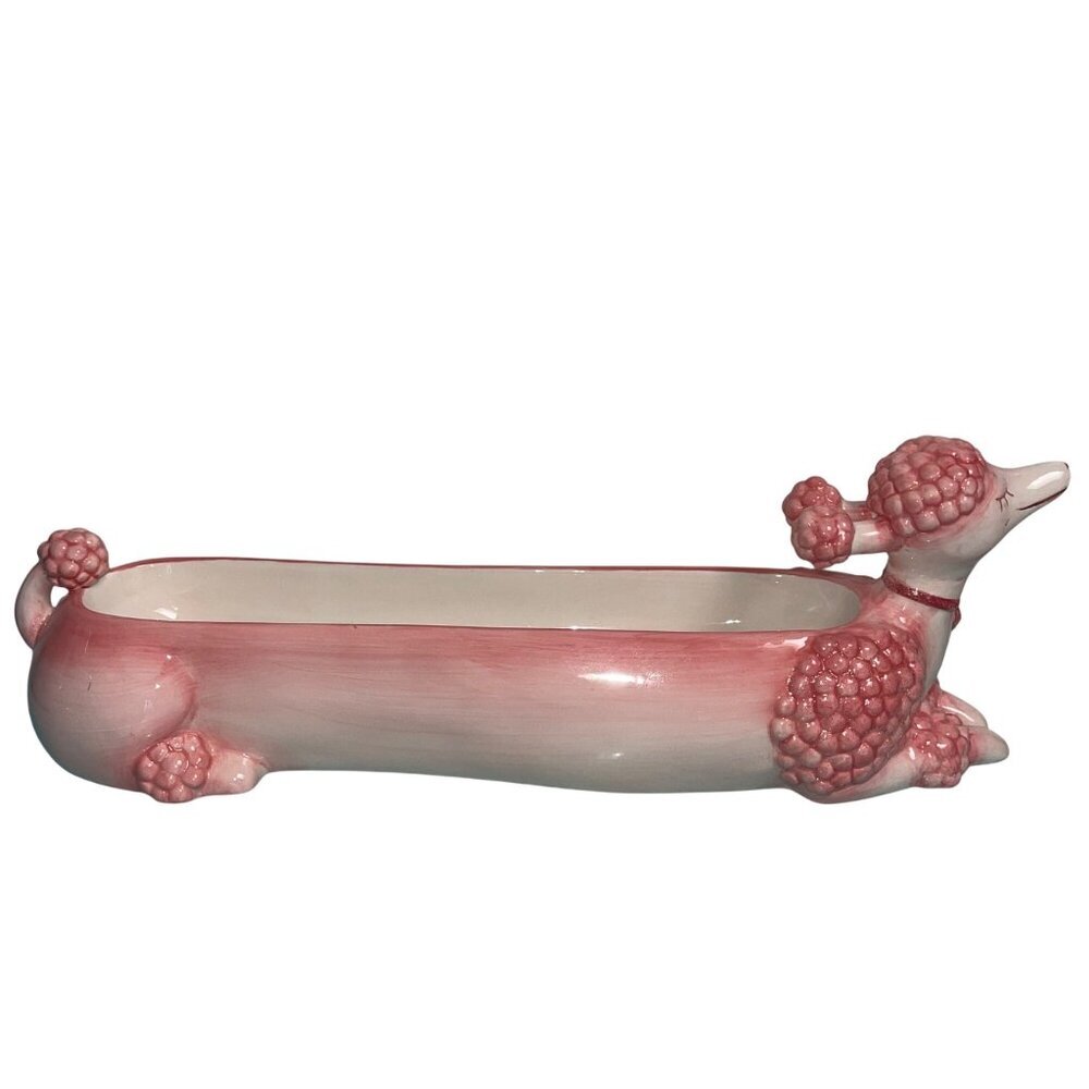 Vigour Giftland Long Shallow Poodle Dish Pink Hand Painted Ceramic Collectible